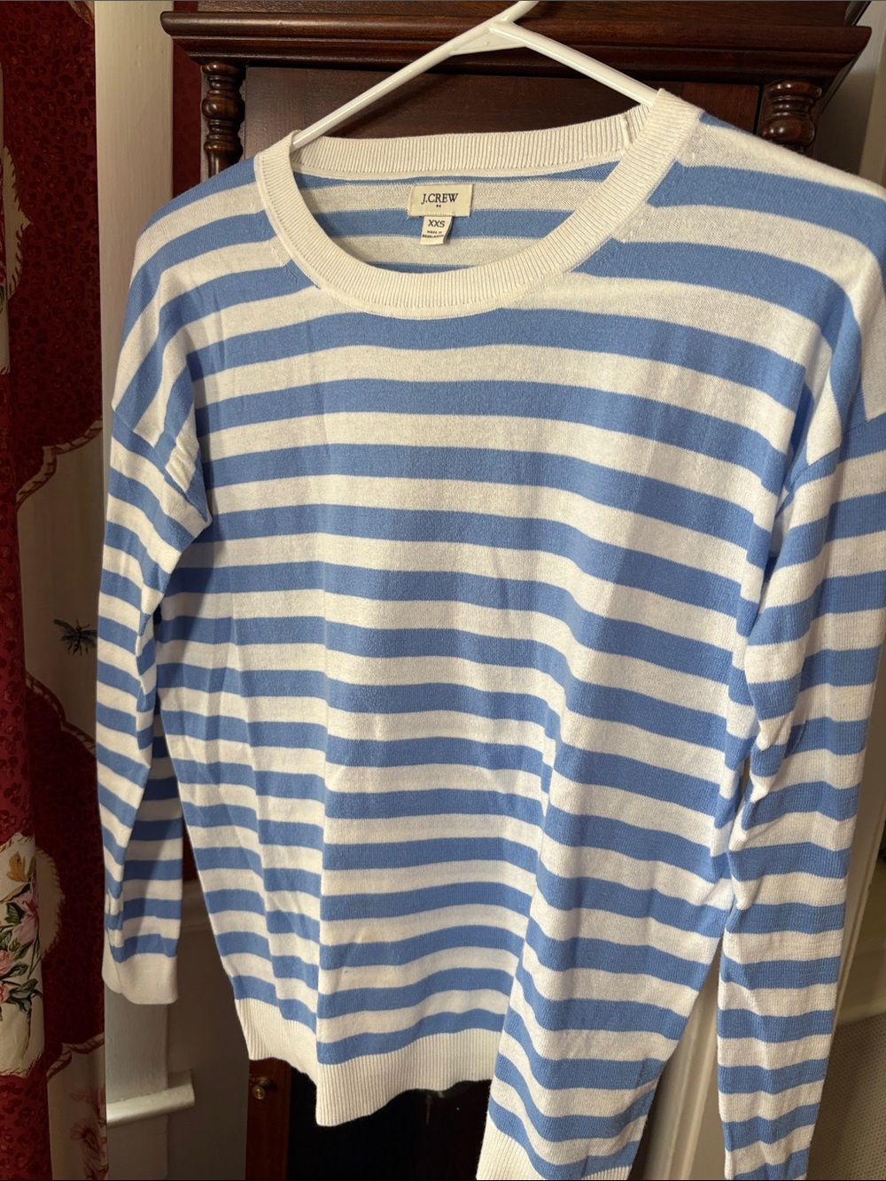 J. Crew Blue and White Striped Crewneck Sweater